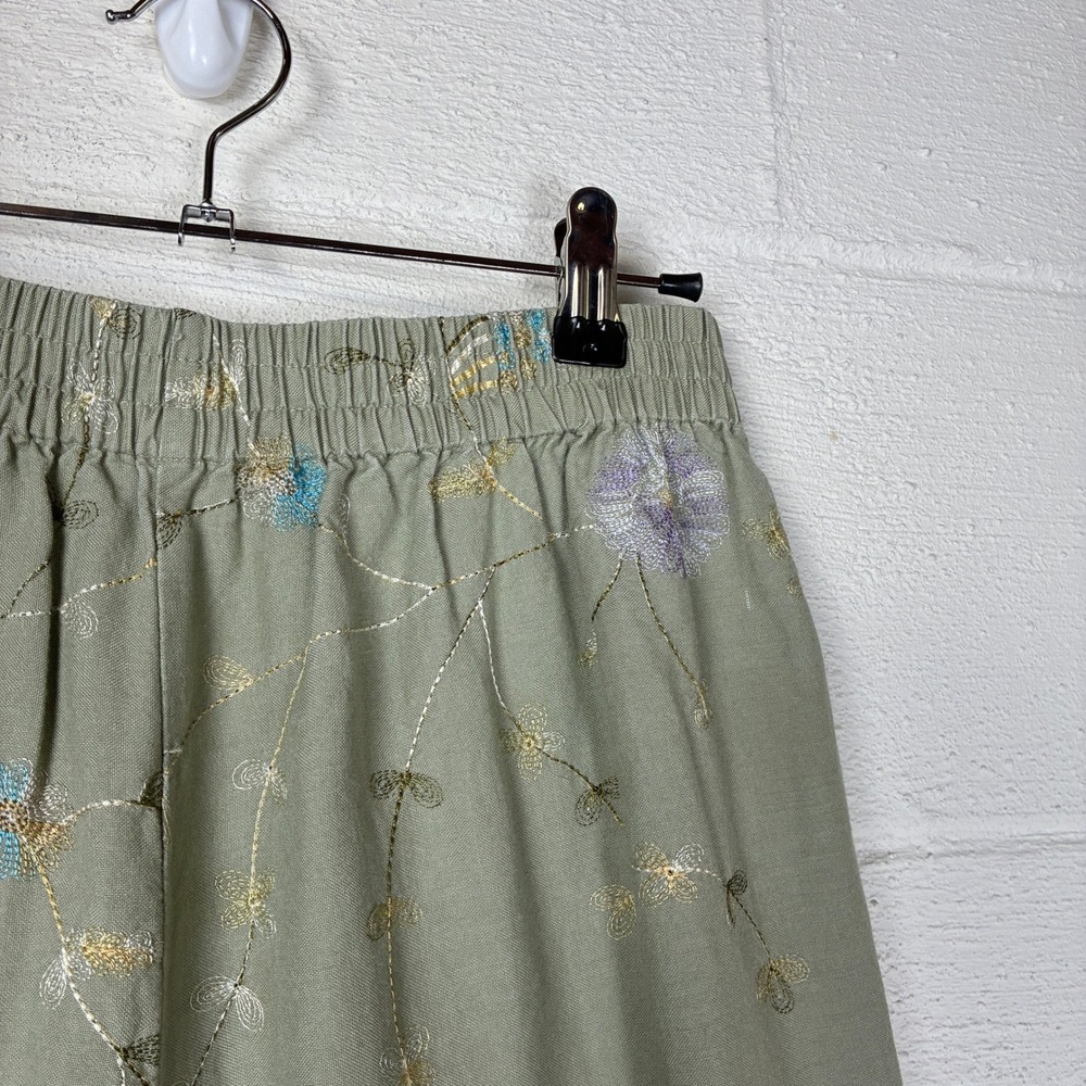 Vintage Pull On Linen Floral Embroidered Wide Leg Cropped Pant Size M Green - Picture 5 of 15
